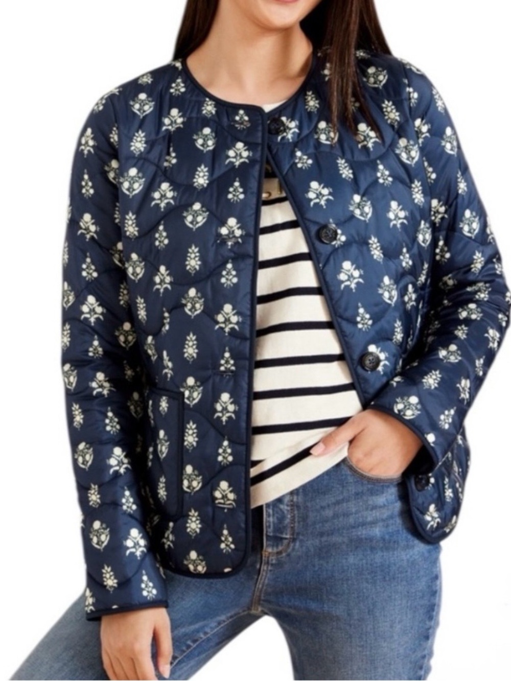 TALBOTS Quilted Collarless Jacket in Ditsey Foulard Navy/White Size 1X